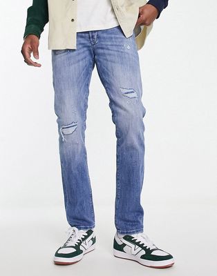 Jack & Jones Intelligence Glenn slim fit jeans with pant platter rip and repair in light wash-Blue