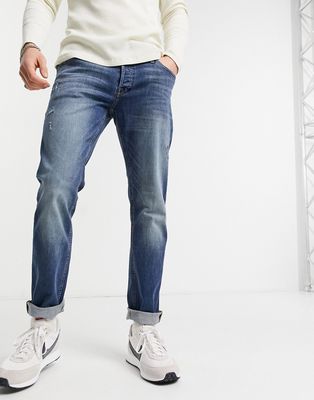 Jack & Jones Intelligence Glenn slim jeans with abrasions in dark blue-Blues
