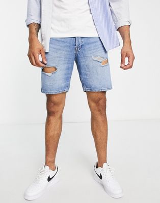 Jack & Jones Intelligence loose fit denim shorts with rips in light blue