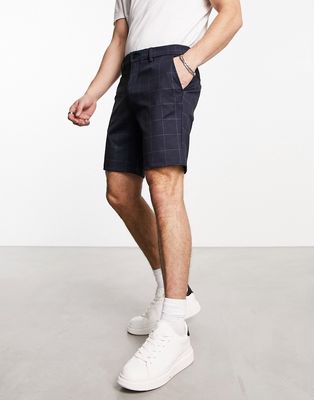 Jack & Jones Intelligence slim fit smart jersey shorts in navy plaid