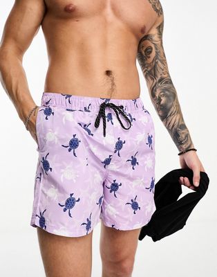 Jack & Jones Intelligence swim shorts in purple turtle print