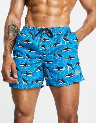 Jack & Jones Intelligence swim shorts with whale print-Blue