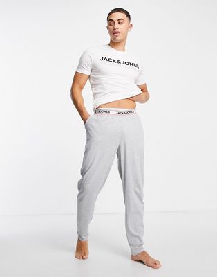 Jack & Jones lounge T-shirt & bottoms set with chest logo in white and gray-Multi