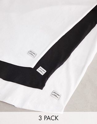 Jack & Jones Originals 3 pack curve longline t-shirt in white/white/black-Multi