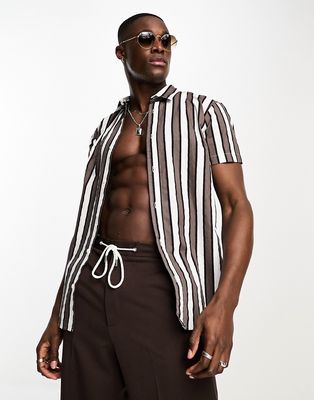 Jack & Jones Originals bold stripe short sleeve shirt in white & brown
