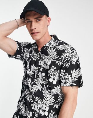 Jack & Jones Originals camp collar shirt in black floral print