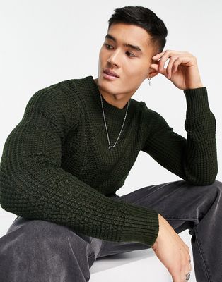 Jack & Jones Originals chunky textured fisherman knit sweater in khaki-Green