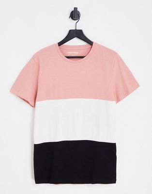 Jack & Jones Originals color block t-shirt in dusky pink, white & black