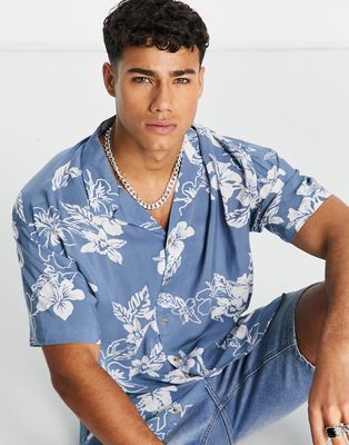 Jack & Jones Originals hawaiian floral print camp collar short sleeve shirt in blue