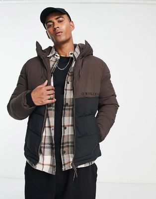 Jack & Jones Originals hooded puffer jacket with logo detail in chocolate & black-Brown