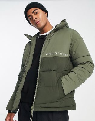 Jack & Jones Originals hooded puffer jacket with logo detail in khaki-Green