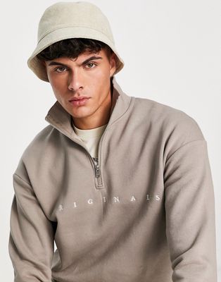 Jack & Jones Originals oversized quarter zip sweatshirt with embroidery in beige-Neutral