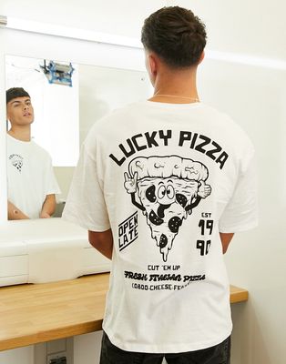 Jack & Jones Originals oversized T-shirt with pizza back print in white