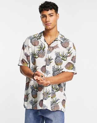 Jack & Jones Originals pineapple print camp collar short sleeve shirt in cream-White