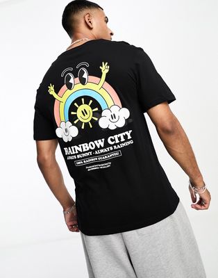 Jack & Jones Originals relaxed T-shirt with rainbow city back print in black
