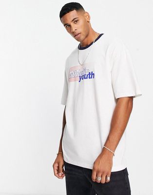 Jack & Jones Originals ringer t-shirt with athletic youth chest print in off white-Neutral