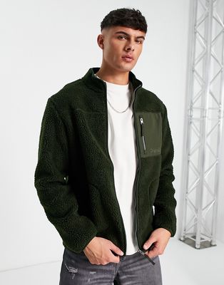 Jack & Jones Originals teddy borg zip through jacket in khaki-Green