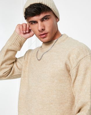 Jack & Jones Originals wool mix crew neck sweater in beige-Neutral