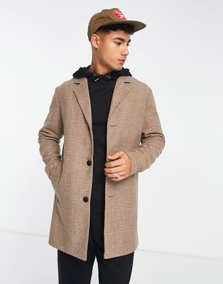 Jack & Jones Originals wool mix long coat in beige check-Neutral