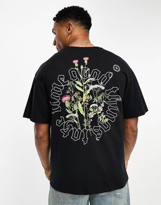 Jack & Jones oversized t-shirt with thistle back print in black