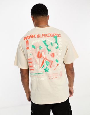 Jack & Jones oversized T-shirt with 'Work In Progress' back print in beige-Neutral