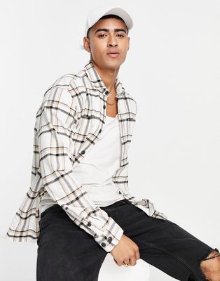 Jack & Jones Premium brushed plaid overshirt in beige-Neutral