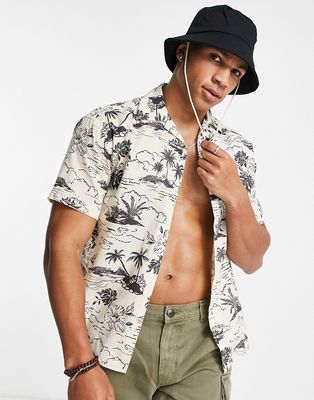 Jack & Jones Premium camp collar island print shirt in linen mix-Neutral