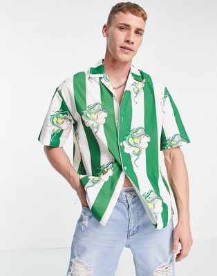 Jack & Jones Premium camp collar shirt in green stripe with snake print-Multi