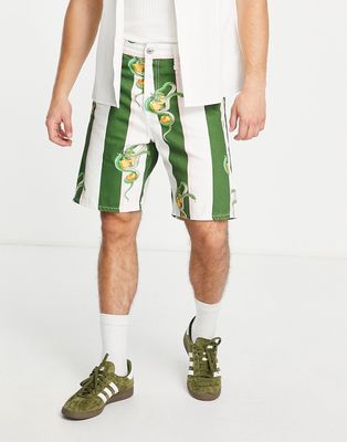 Jack & Jones Premium denim shorts in green stripe with snake print-Multi