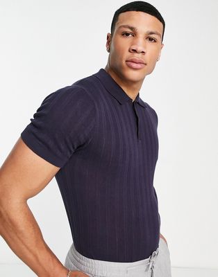 Jack & Jones Premium knitted ribbed polo in navy