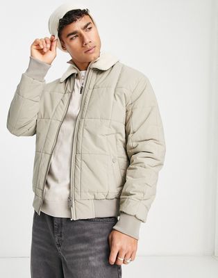 Jack & Jones Premium quilted bomber jacket with borg collar in beige-Neutral