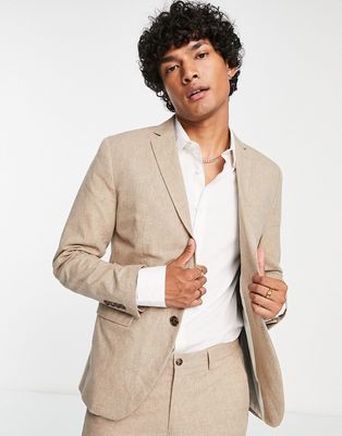 Jack & Jones Premium slim fit suit jacket in beige linen mix-Neutral