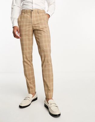 Jack & Jones Premium super slim fit suit pants in beige plaid-Neutral