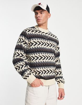 Jack & Jones Premium wool mix fairisle sweater in cream & brown-Neutral