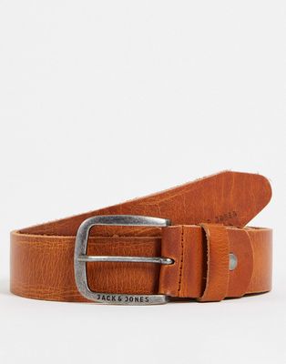 Jack & Jones smooth leather belt with logo buckle in brown