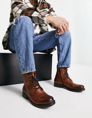 Jack & Jones tall leather boot with borg fleece lining in brown