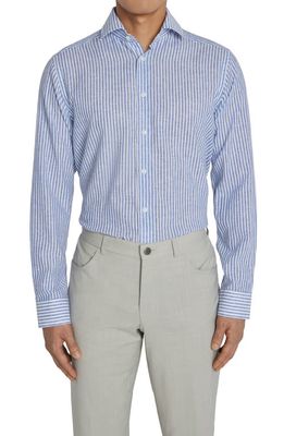Jack Victor Thornhill Contemporary Fit Stripe Linen & Cotton Button-Up Shirt in Blue /White