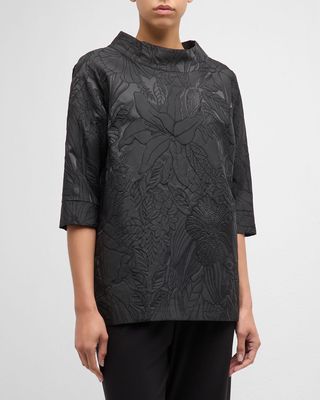 Jackie Funnel-Neck Floral Jacquard Tunic