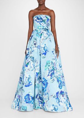 Jacquard Floral-Print Strapless Gown