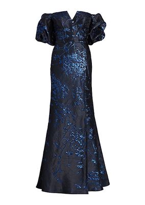 Jacquard Puff-Sleeve Fit-&-Flare Gown