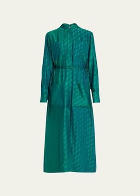 Jacquard Tie-Belt Patch Pocket Midi Shirtdress