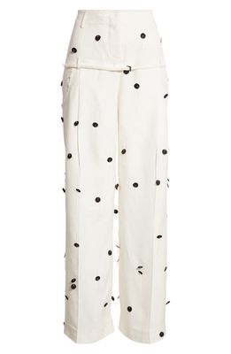 Jacquemus Criollo Embroidered Polka Dot Belted Wide Leg Pants in White /Black Dots Embroiderey