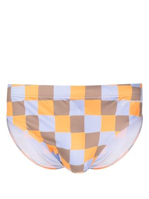 Jacquemus embroidered-logo check-pattern swim shorts - Orange