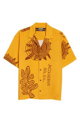 Jacquemus La Chemise Jean Painted Flower Bowling Shirt in Orange Arty Sun