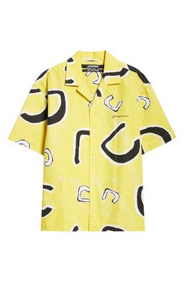 Jacquemus La Chemise Jean Short Sleeve Cotton Button-Up Camp Shirt in Monogramme Black Yellow