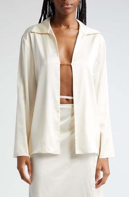 Jacquemus La Chemise Notte Logo Charm Open Front Stretch Satin Blouse in Off-White