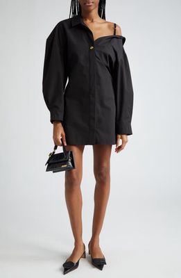 Jacquemus La Mini Robe Chemise Long Sleeve Shirtdress in Black