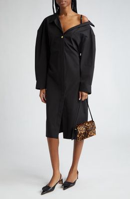 Jacquemus La Robe Chemise Long Sleeve Asymmetric Cotton Poplin Shirtdress in Black