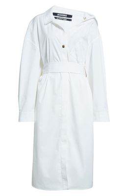 Jacquemus La Robe Chemise Long Sleeve Asymmetric Cotton Poplin Shirtdress in White