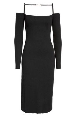 Jacquemus La Robe Sierra Cold Shoulder Long Sleeve Rib Cotton Sweater Dress in Black